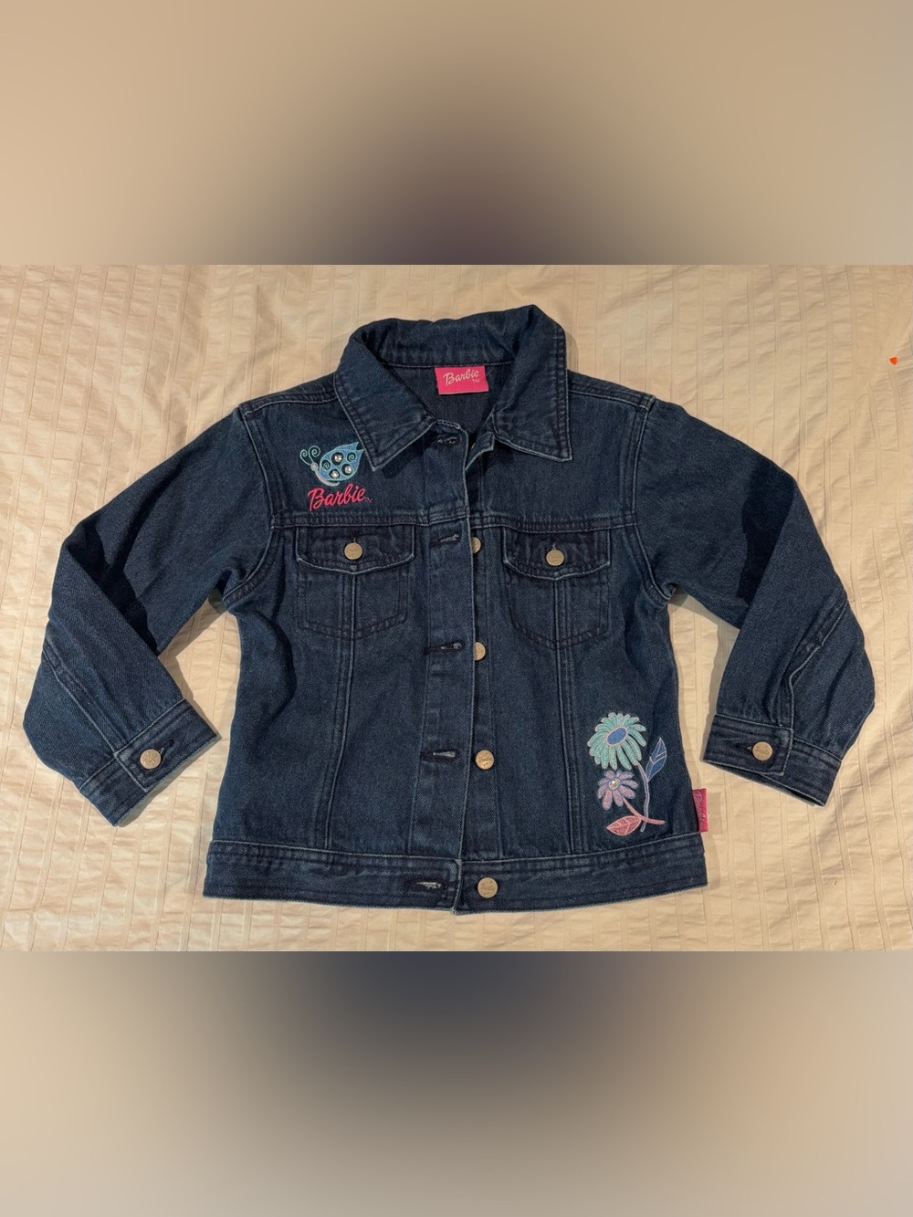BARBIE Vintage 2003 Girls Denim Jean Jacket Embroidered Butterfly Floral SZ 4/5T